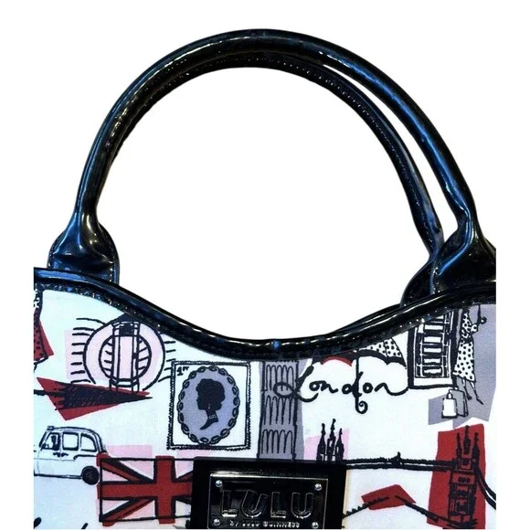 Lulu Guinness City London Tote Red Black Patent Trim Hand Bag Purse Betsy Coutur - Picture 7 of 9